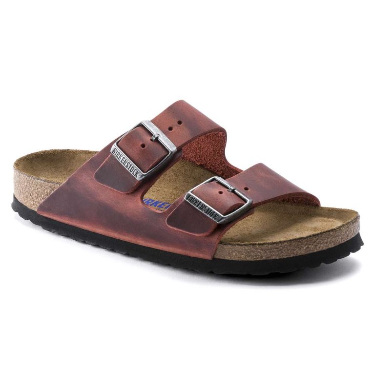 Birkenstock Arizona Soft Footbed Oiled Nubuck Leather Two Strap Sandals Red | 7gLayBKsFrI