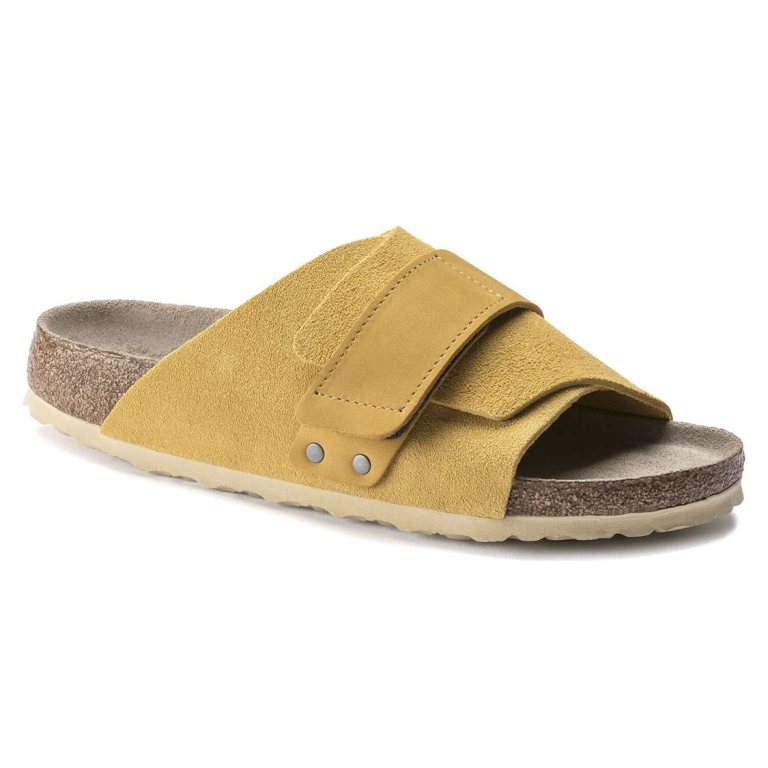 Birkenstock Kyoto Soft Footbed Nubuck/Suede Leather One Strap Sandals Yellow | uwa1nJBQHNd