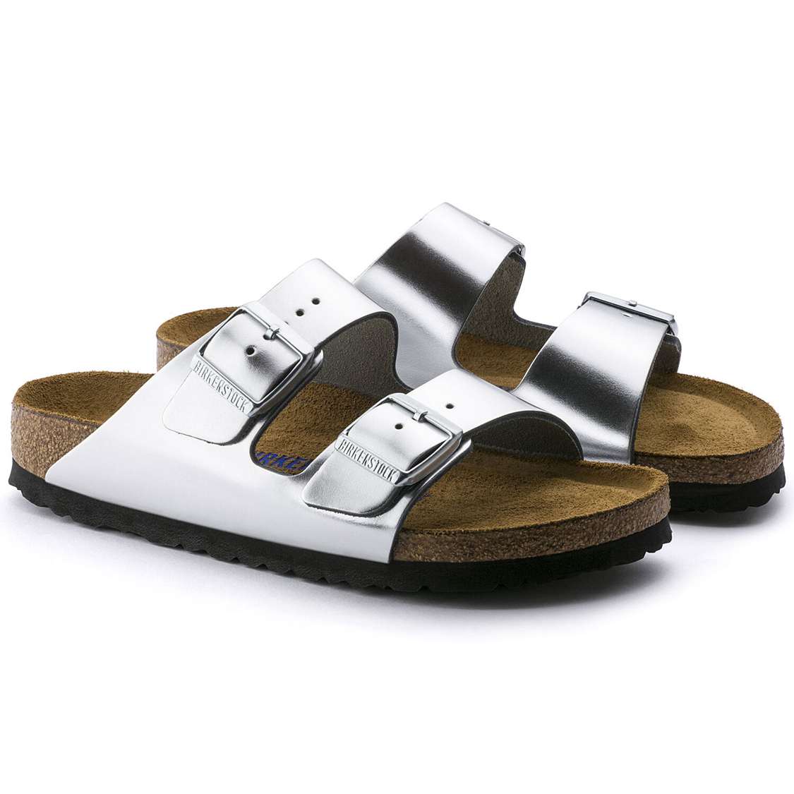 Birkenstock Arizona Soft Footbed Leather Two Strap Sandals Silver | 5IRbt69BZAG